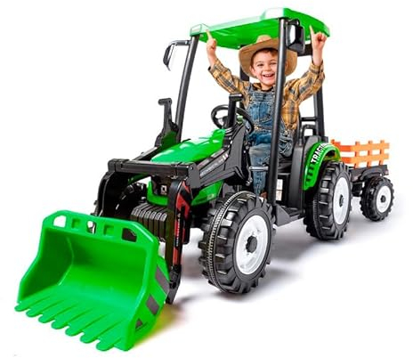 ATAA Farmer 24v - Vert - Tracteur éctrique pour Enfants Taille XXL avec Pelle et remorque, Batterie 24v, puissants Moteurs, siège en Similicuir, Roues en Gomme et télécommande pour Parents