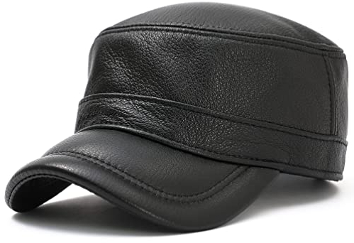 Herren-Kappe, Lammleder, Kadettenmütze, Militärmütze, flache Kappe, A-Schwarz, Einheitsgröße