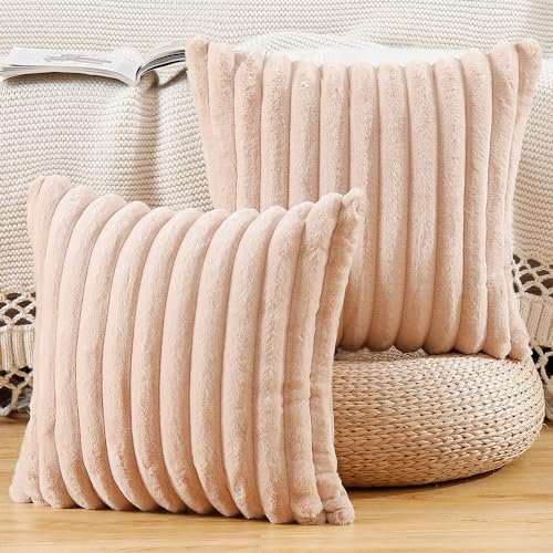 Madizz 2er Set Kunstpelz Plüsch Dekorative Kissenbezüge Flauschig Gestreifte Weich Dekorative Kissenbezug für Sofa Schlafzimmer Kissen Shell Hellbraun 40 x 40 cm