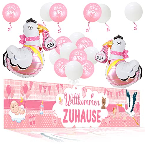 Cheereveal Willkommen Zuhause Baby Mädchen Deko, Rosa Willkommen Zuhause Gartenbanner, Storch Folienballons für Neugeborene Mädchen, Geschlecht Enthüllung Dekoration, Baby Dusche Welcome Home Party