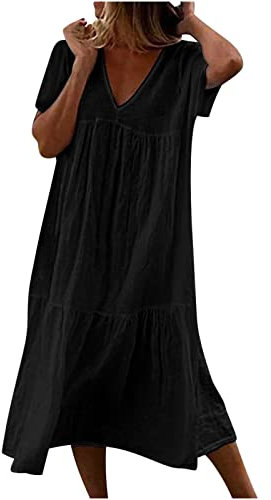 Susenstone Longue Robe Cotton en Line Blanche Col en V Ete Robe Rétro Maxi Robe Lâche Couleur Unie Bohème Ete Mi-Longue Dress pour Fêter Robe de Vacances à la Plage Ete XXL