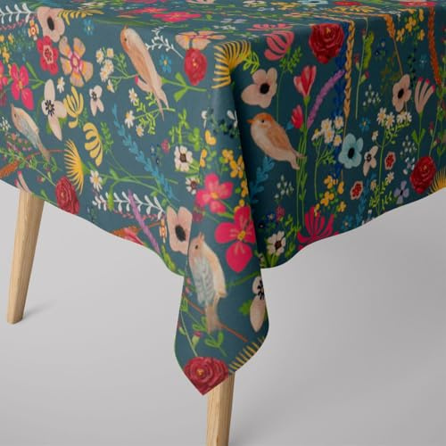 SCHÖNER LEBEN. Tischdecke abwaschbar Blumen Vögel blau div. Größen, Größe:80 x 80 cm (Mitteldecke)