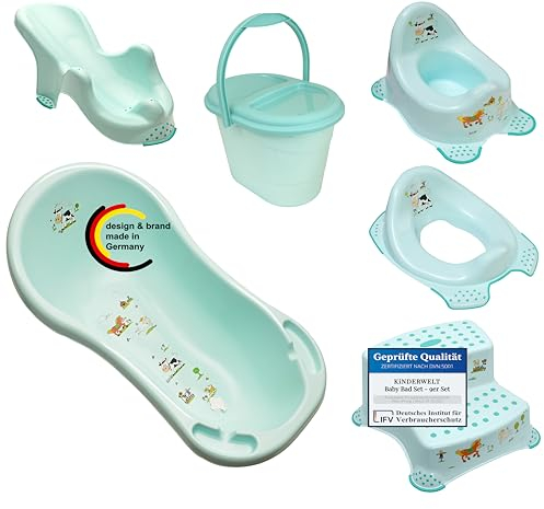 KiNDERWELT Set de bain pour bébé - Lot de 6 pièces - Funny Farm aqua - Baignoire, siège de bain, pot, siège WC, tabouret à deux niveaux, poubelle à couches, tuyau de vidange,