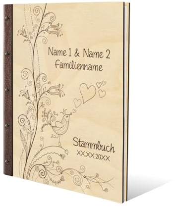 Personalisiertes Stammbuch Hochzeit aus echtem Holz mit Leder Rücken A5 oder A4 inkl. vorgedruckten Seiten - Liebesbaum