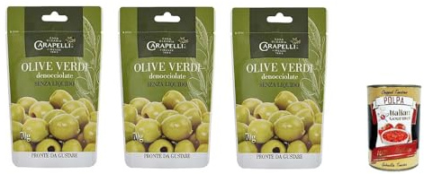 Italian Gourmet Olive Verdi Denocciolate, grüne entsteinte Oliven, 3 x 70g | Pronte da servire, praktisch ohne Stein; mediterraner Snack zu Aperitif, Gesamtnettogewicht 210 g + Kostenlos Polpa 400g