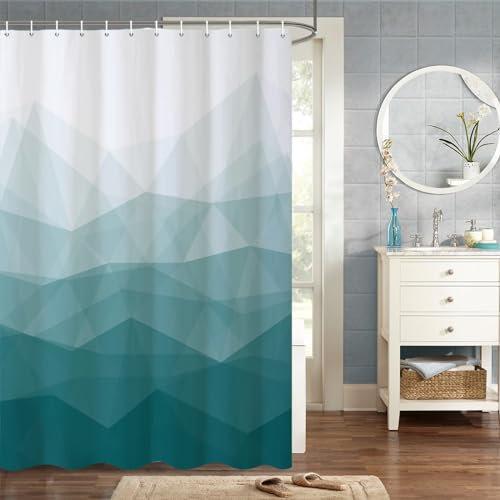MIRRORANG 105x160cm Tissu Vert Rideau De Douche Ombre Verte Géométrique Montagne Rideau De Douche pour Salle De Bain Tissu Polyester Imperméable Ensemble avec Crochets