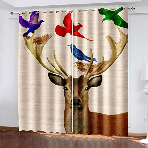 COOBAA 3D Vogel Tier Hirsch Druck Muster Ösenvorhang, Gardinen Wohnzimmer Modern Hoch 260X280Cm Thermo Vorhänge Gegen Hitze, Raumteiler Vorhang Für Flur Rauschminderung Dekorativ