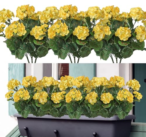 Dremisland Künstliche Blumen für den Außenbereich, rote Geranie, Seidenblumen, UV-beständig, Gartenpflanzen, Strauch, Kunstblumen für Zuhause, Hochzeit, Küche, Tischdekoration, Gelb, 3 Stück