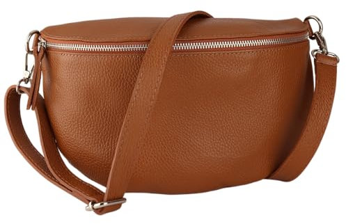 MIRROSI® Bauchtasche Damen, Made in Italy, Echtleder Umhängetasche Echtes Leder, Brusttasche, Crossbody Bag aus Echtem Leder, in 3 Größen erhältlich (Braun Silberner Reißverschluss) (Gr.S)