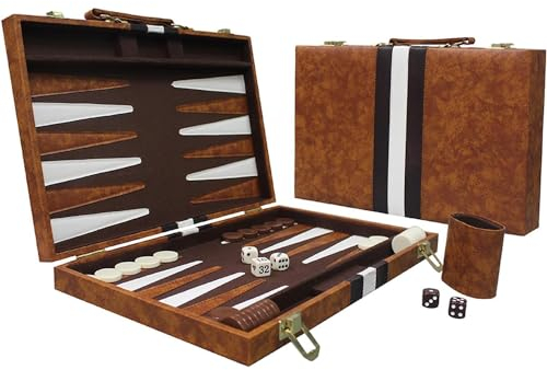 TINMAGI Backgammon, Klassisches Brettspiel für Erwachsene, Tragbares Set mit Hochwertiger Ledertasche, Für Reisen und Familie, 15 Zoll, Braun, 2 Spieler, Ab 14 Jahren