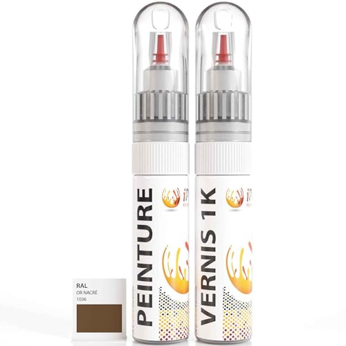 ipixline Kit Retouche Peinture Carrosserie Voiture - Stylo Correcteur Peinture 30 ml, Vernis Brillant 1k 30 ml - Compatible avec Ral - Or Nacré 1036
