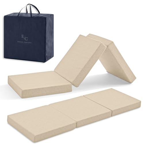 ErossConfort Klappmatratzen für Gäste, 75 x 195 cm, HD-Schaumstoff, atmungsaktiv, für Kinderspiele, Camping, waschbarer Bezug, Höhe 10 cm, Beige. Mit Tasche und Kissen.
