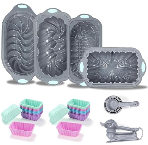 Tongjude 45 pezzi Set di teglie in silicone, 6 tazze in silicone per pane, cupcake scanalati, teglie antiaderenti per forno da cucina, con set di misurini e cucchiai, grigio
