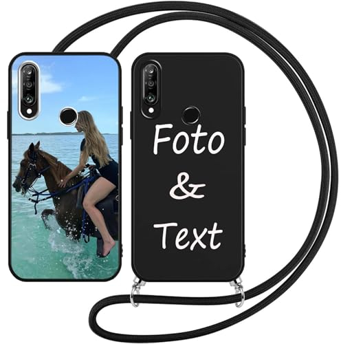 Handykette Personalisierte Handyhülle für Huawei P20 Lite Hülle mit Band Kordel,Selbst Gestalten personalisiert Foto Bild Individuelle Schutzhülle Schwarz Silikon Stoßfest Individuelle Case
