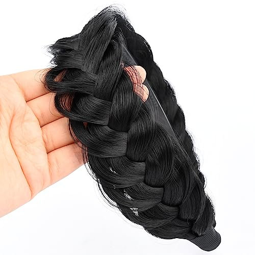 Gledola Wide Messy Braided Headband with Teeth Synthetic Hair Braided Headband High Elasticity Braids Braided Hair Band Hairpiece for Girls Women (Schwarz)