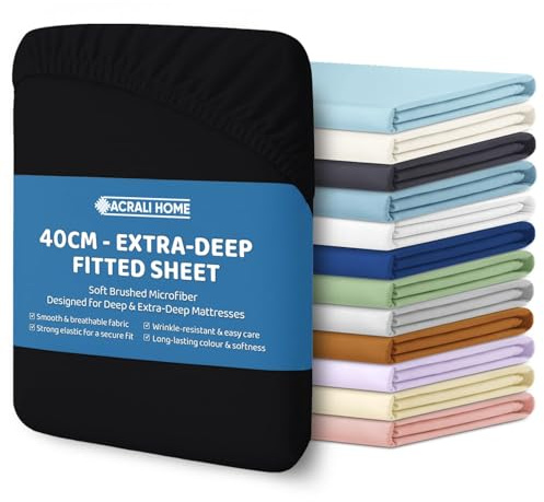 ACRALI HOME Microfiber Super King Fitted Sheet 40cm Extra Deep Fit Pocket - Breathable, Soft & Easy Care, Black Bed Sheet - Wrinkle Free & Fade Resistant (200 x 180cm)