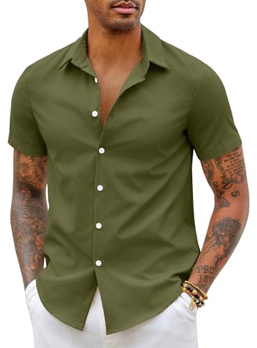 COOFANDY Men's Short Sleeve Dress Shirt - Slim Fit, Non-Iron, Casual Formal Smart Plain Beach Shirt - Army Green S