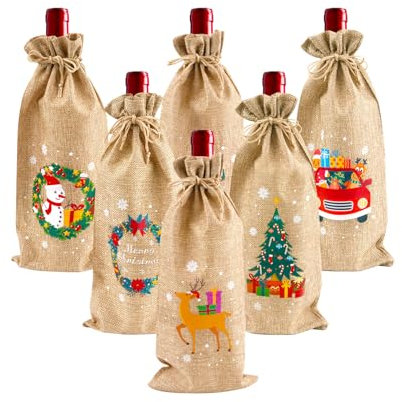 Deepton Burlap Bottle Bags - 6 Pcs Jute Christmas Wine Bottle Covers with Drawstring for Xmas Table Decoration