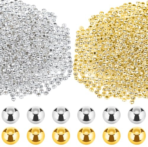1400 Stück 3mm Abstandsperlen, Galvanisierte Metallperlen Runde Distanzperlen Lose Perlen Paracord Zubehör, Silberner Zwischenperlen für DIY Halskette Armband Schmuckherstellung (Goldenes Silber)