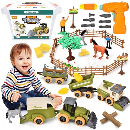 BuzzoXerex Tracteur Jouet Enfant, Ensemble de Jouet Ferme Enfant, Animaux Ferme Jouet avec Moissonneuse Batteuse, Véhicule Remorqué et Perceuse Enfant Jouet, Cadeaux pour Enfants de 3 4 5 6+ Ans