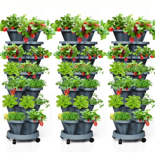 Tectsia - Jardinera vertical en torre de 7 niveles para fresas, paquete de 3 maceteros apilables para hierbas con ruedas móviles y platillo inferior, apta para interior y exterior, color gris oscuro