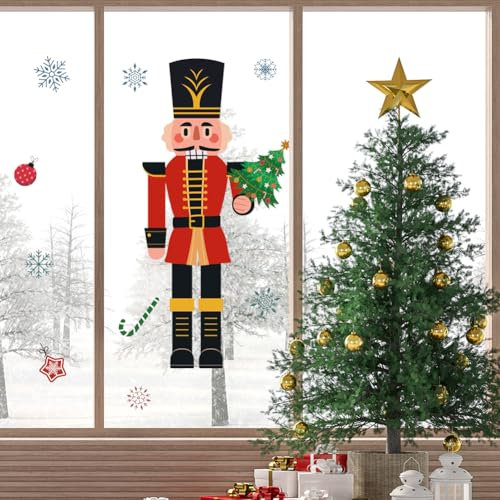 JOYWU Nutcrackers Fridge Stickers,1 Set Christmas Nutcracker Refrigerator Decals with Snowflakes,DIY Self-Adhesive PVC Nutcracker Soldiers Window Clings,Nutcracker Xmas Stickers Decortion (RED)