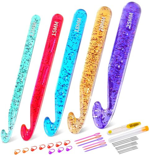 Ruasol Großes Häkelnadel-Set, 12 mm – 25 mm Häkelnadeln, riesiges Häkelset zum Häkeln dicker Decken, transparente Kristallhäkelnadeln zum Stricken, Teppichweben, DIY-Basteln