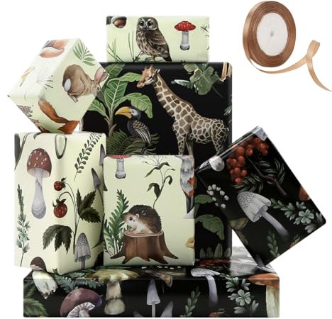 Geschenkpapier im Vintage-Stil, Pilze, Tiere, Wald, Giraffe, Eichhörnchen, 4 Bögen in 4 Wald-Designs mit 22 m Khaki-Band, flach gefaltet, 50 x 70 cm pro Blatt, Geschenkpapier für Frühling, Urlaub,