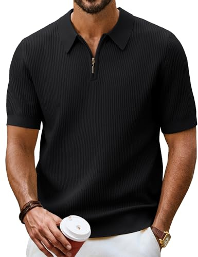 T Shirt Herren Strick Poloshirt mit Reißverschluss Kurzarm Poloshirt Herren Schwarz M