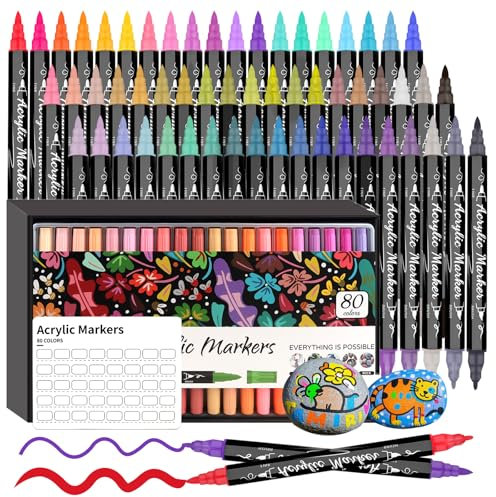 Funnasting 80 Colours Acrylic Paint Pens, Dual Tip Acrylic Paint Markers, Acrylic Pens with Fine & Brush Tip for Glass, Fabric, Ceramic, Egg, Rock Painting