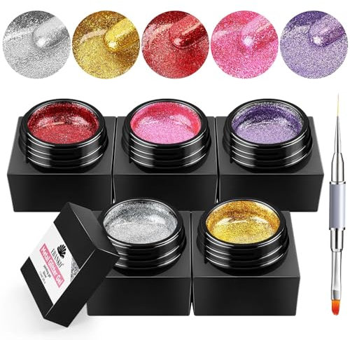 EBANKU Silver Metal Glitter Gel Nail Polish 5 Colors Painted Metal Platinum Drawing Polish with Nail Brush, Gold Silver Red Glitter Nail Polish Sparkling Soak Off for Nail Design
