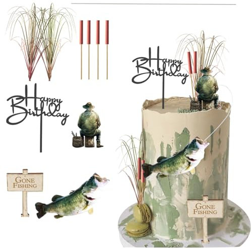 Gone Fishing Cake Topper Fish Birthday Decoration with Angler Fish Cattail Set for Fishing Themed Birthday Party