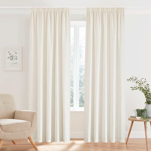 PONY DANCE Leinenoptik Gardinen Halbtransparent Wohnzimmer Gardinen mit Kräuselband 2er Set H 300 x B 140 cm Leienvorhang Boho Style Vorhänge mit Haken für Schienensystem, Creme