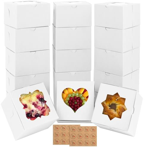 18 Stück Weiß Kuchenverpackung Box aus Papier,10×10×6.5cm Kuchenbox mit Drei Fensterformen und 24 Blättern mit Aufklebern,Faltbar Papierkuchenboxen Für Gebäck Kekse Desserts Süßigkeiten (Weiß)