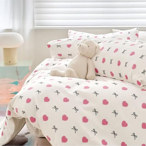 Michorinee Housse de Couette Coton 240 x 260 Cœur Rose - 100% Coton Parure de Lit Rose et Blanc - Parure Housse Couette Imprimée Nœud Papillon Adulte 2 Personnes avec 2 Taies d'oreiller 65x65