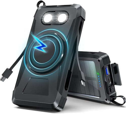 Magnetic Solar Power Bank 20000mAh Wireless Portable Solar Charger 22.5W USB C PD QC 3.0 Fast Charging Camping External Battery Pack 5 Output 3 Input,with 2 LED Flashlight for Travel Outdoor (black)