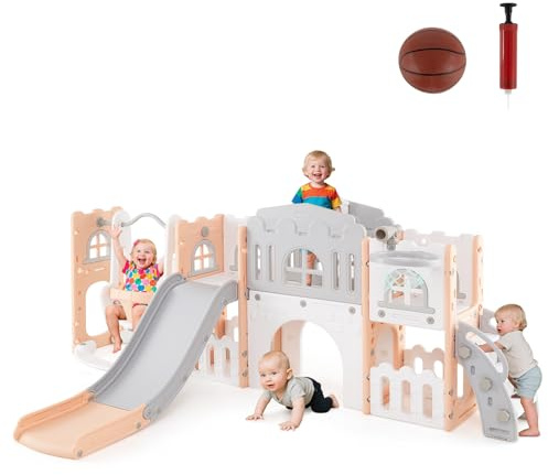 HOMASIS 10 in 1 Kinderrutsche Indoor, Kinder Rutsche mit Schaukel Basketballkorb Teleskop Lenkrad Kletterleiter Tunnel usw., Babyrutsche Spielplatz Rutschenset für Kinder ab 1 Jahr (Grau+Rosa)