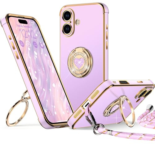 XYZ für iPhone 17 Hülle mit Band, Herzen Doppelring Ständer HandyHülle Handykette Frauen Mädchen Dünn Stoßfeste Anti-Kratzt SchutzHülle für iPhone 17 Case, Lila