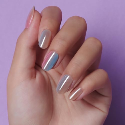 LAMIMOSA 32Pcs Ombre Press On Nails Short Round - Chrome False Nails in 16 Sizes, Soft Gel Fake Nails with Glue, Reusable Stick on Nails kit, Color Press Ons, ROMAN SUNRISE