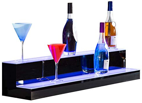 LED Liquor Bottle Display Shelf, Illuminated 2-Tier Home Bar with RF Remote Control for Multiple Colors, 50x21x17cm