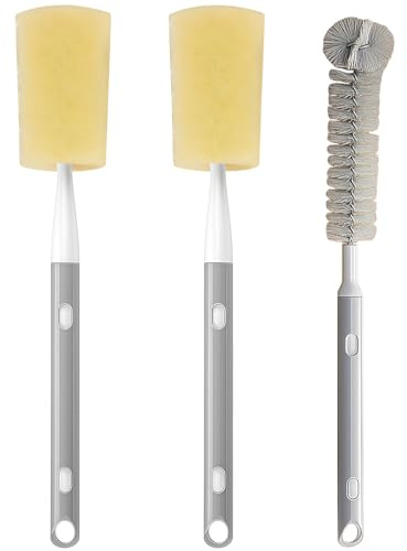 3 Stück Flaschenbürste Schwamm, Flaschenbürste mit Langem Griff Weiche Schwamm Flaschen Reinigungsbürste, Flaschenschwamm Reinigungsbürste Pinsellänge 29 Bis 38cm für Gläser, Weinflaschen
