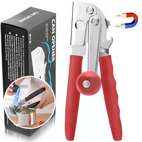 Hand Crank Can Opener,Commercial Opener Manual Heavy Duty with Comfortable Extra-Long Handles,for Seniors and Kitchen,Large Handheld Can Open Easy for Big Cans (Red)