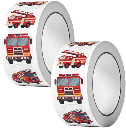 1000 Stück Feuerwehr Sticker Set, 2 Rollen Wasserfeste Aufkleber 25mm mit Feuerwehrauto Design für DIY Scrapbooking, Journal, Basteln, Goodie Bags Kinderbelohnung