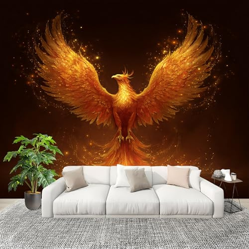 Fototapete 350x256 cm LuxuriöSes PhöNix Muster Vliestapete Fototapete für Schlafzimmer und Wohnzimmer Gold Großformatige Mustertapete 3D-Effekt Wanddekoration Flurtapete