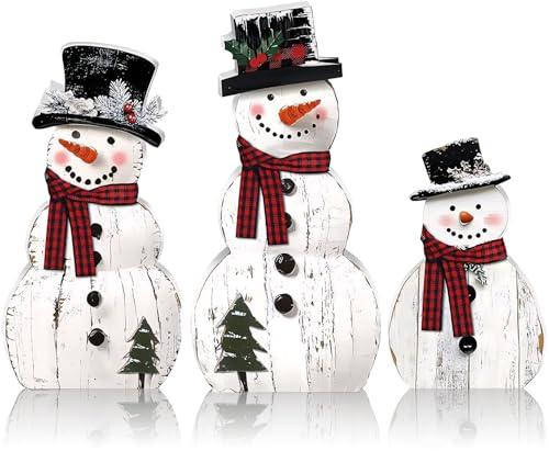Vartegas 3 Stück Schneemann Deko Weihnachtsfiguren Holz Weihnachtsdeko Innen Tisch Winterdeko Schneemänner Figuren Klein Weihnachtsdekoration für Kamin Fensterbank
