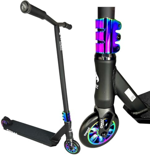 Chilli Pro Reaper Stunt Scooter für Park & Street. Trick Roller für Anfänger & Profis H=84cm Schwarz/Neochrome Rainbow