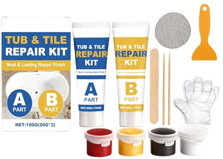 Pasta Reparadora de Ceramic de fibra de vidrio, Kit Reparacion Baldosas, porcelana, cerámica y esmalte de baño para desconchones, grietas, arañazos y agujeros, Kit Completo con Herramientas