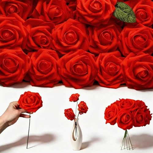 25 Pièces Longue Tige Réaliste Bouquet De Fleurs Artificielles, Rouge | Branches Roses Rouge Artificielles, Matière Mousse PE Petale de Rose Rouge, Adaptée pour Table À Manger, Mariages