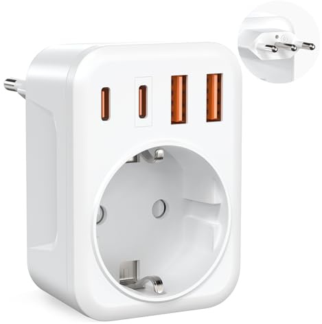 Adaptateur de voyage Italie avec 2 x USB-C et 2 x USB-A, adaptateur de prise de type L UE vers Italie, 2500 W/10 A, prise de voyage universelle pour Italie, Chili, Uruguay, compact pour téléphone