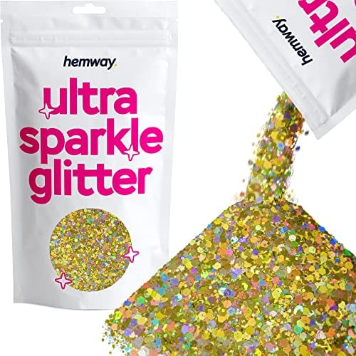 Hemway Gold Mix Holographic Glitter Chunky Multi Purpose Staub Powder Arts & Crafts Weinglas Dekoration Hochzeit Blumen Kosmetik Gesicht Nägel Augenkörper - 100g
